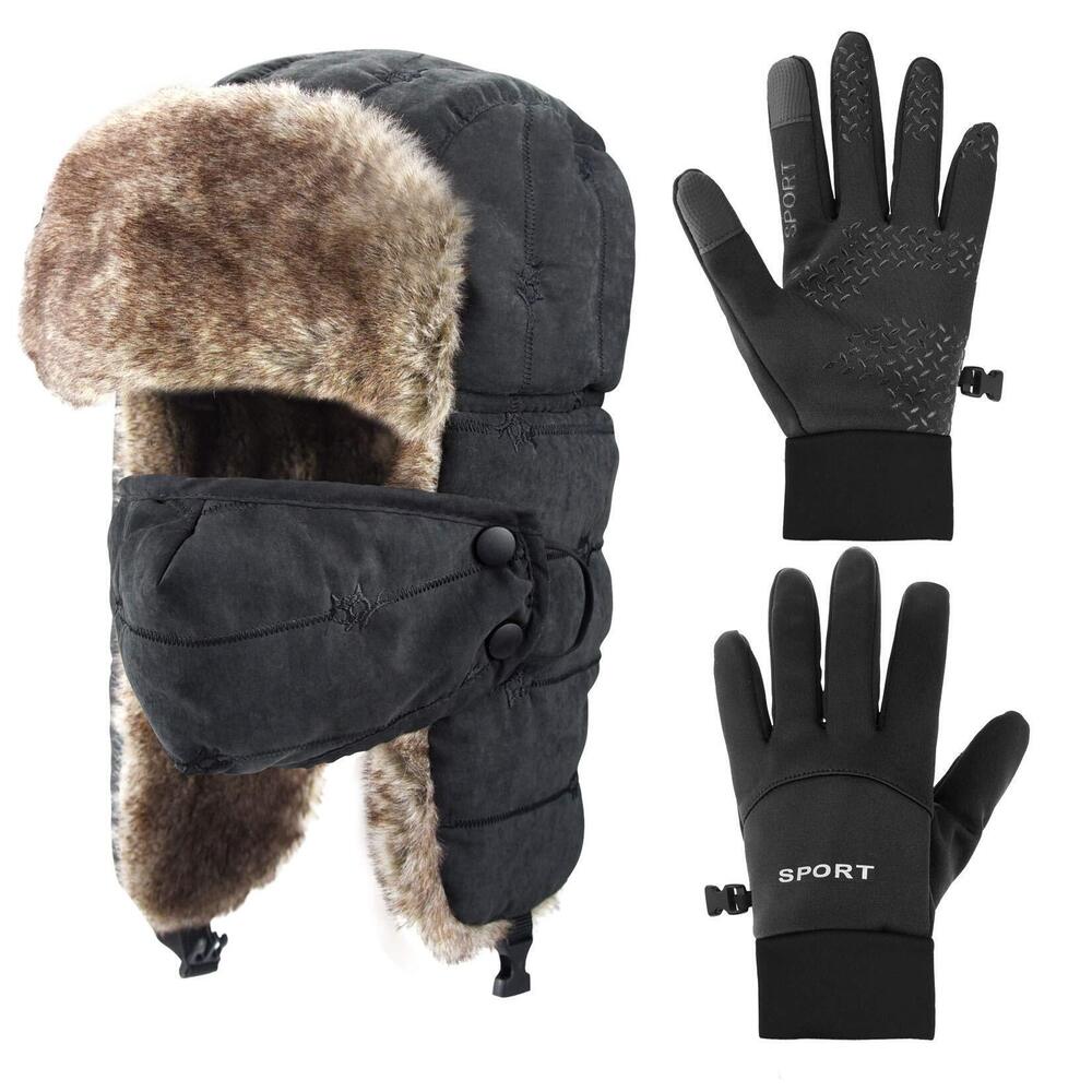 9769 2 Pcs Winter Hat and Golves Set Include Knit Plush Lined Trapper Hat